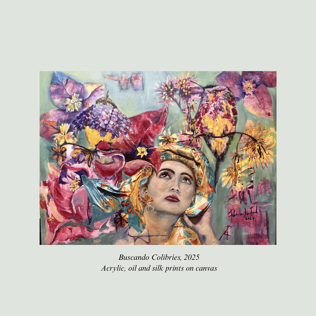Obra "Buscando Colibríes", 2025, obra de arte, acrílico sobre lienzo, Fabiola De Ford, Costa Rica