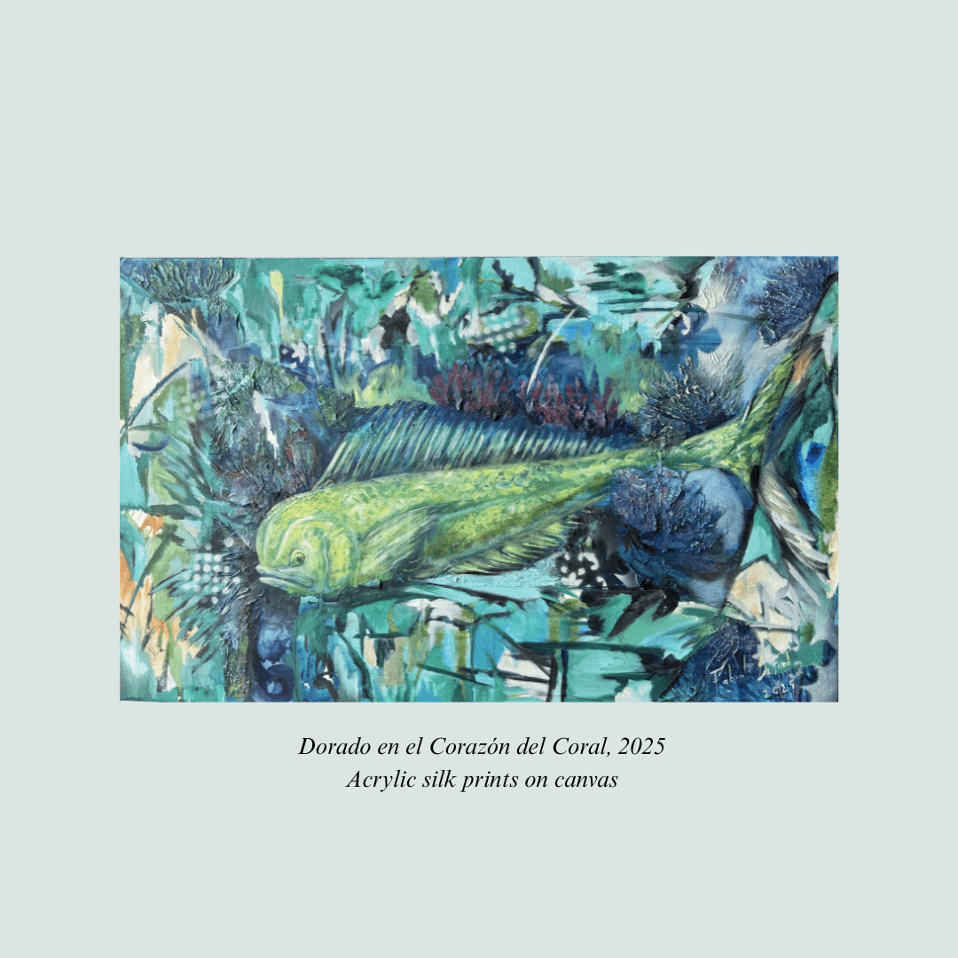 Dorado en el corazón del Coral, obra de arte, acrílico sobre lienzo, Fabiola De Ford, Costa Rica
