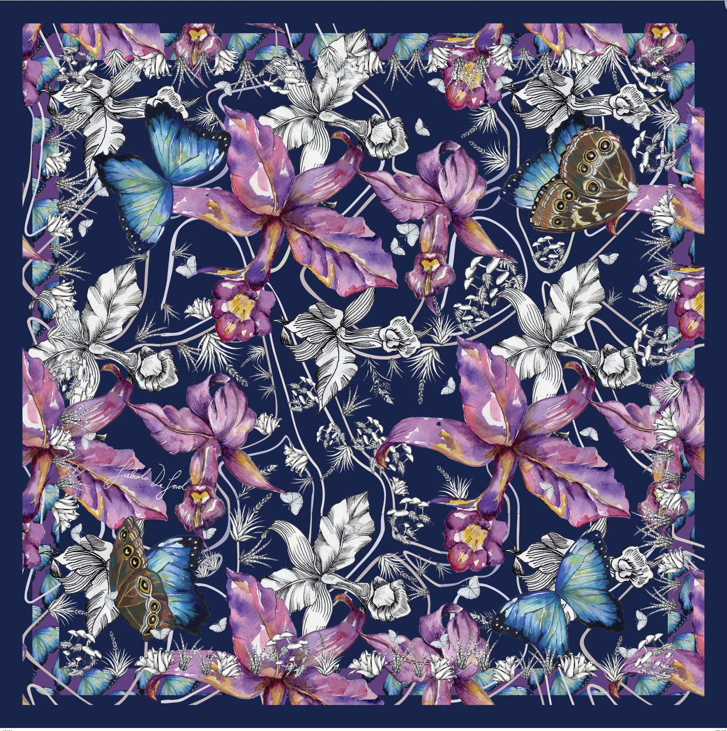 Women's silk scarf “Cloud Forest of Morphos and Orchids” large, from the Eco-banknotes collection