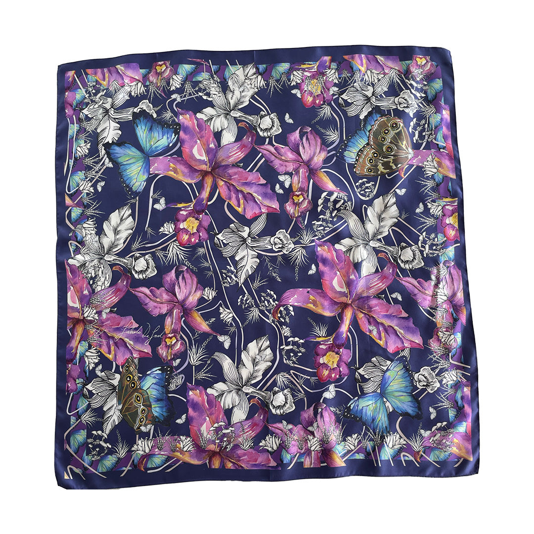 Women's silk scarf “Cloud Forest of Morphos and Orchids” large, from the Eco-banknotes collection