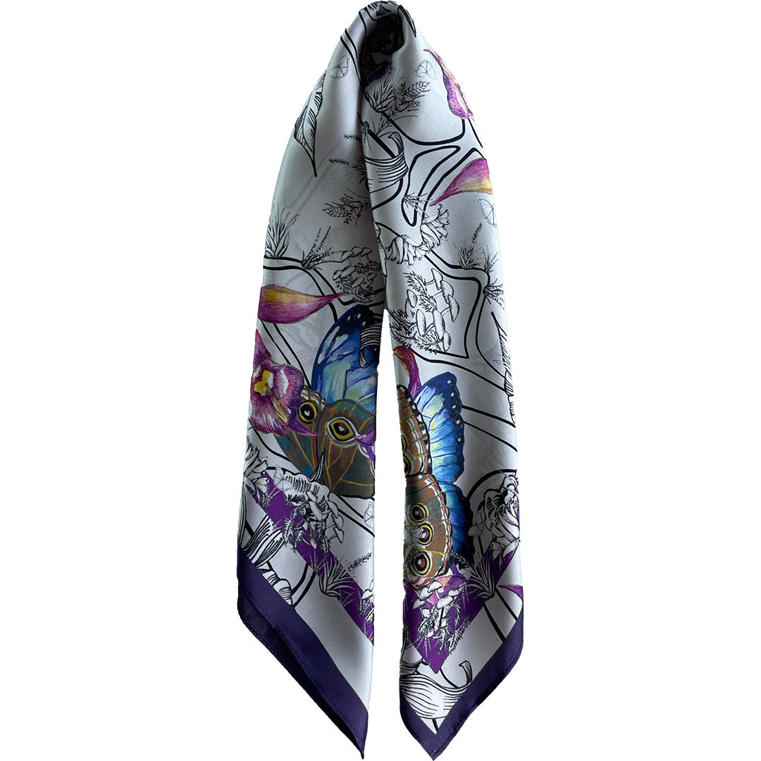 Women's silk scarf “Cloud Forest of Morphos and Orchids” medium, from the Eco-banknotes collection