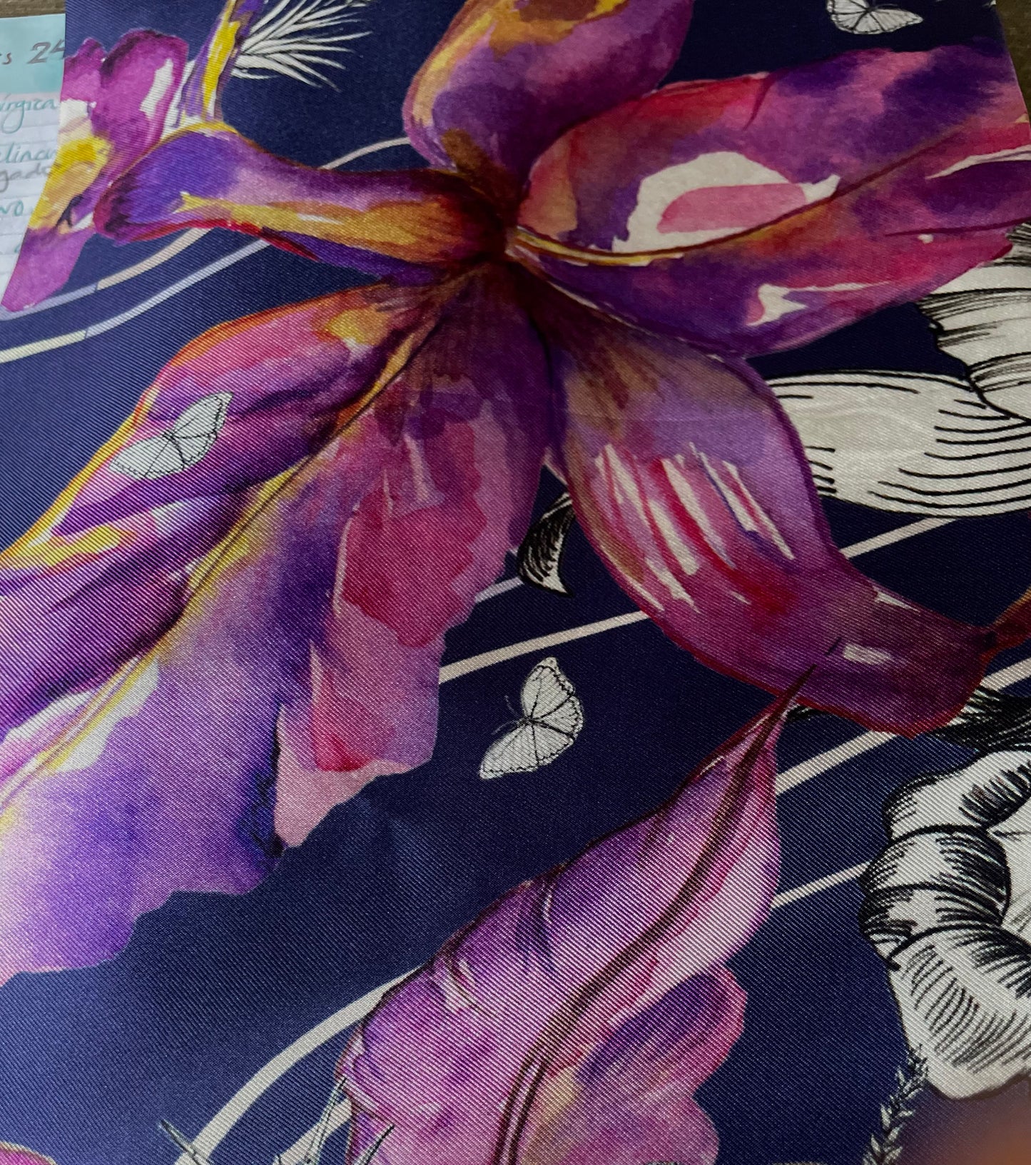 Women's silk scarf “Cloud Forest of Morphos and Orchids” large, from the Eco-banknotes collection