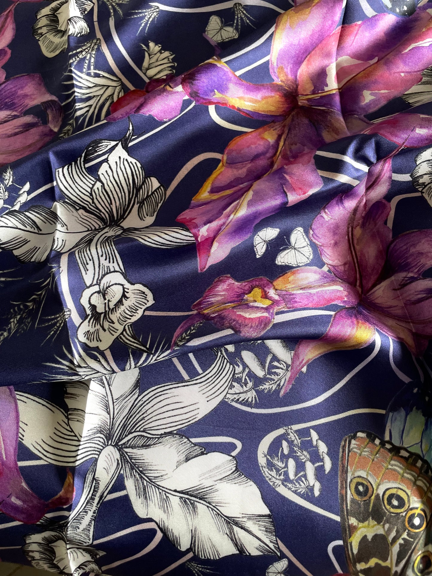 Women's silk scarf “Cloud Forest of Morphos and Orchids” large, from the Eco-banknotes collection