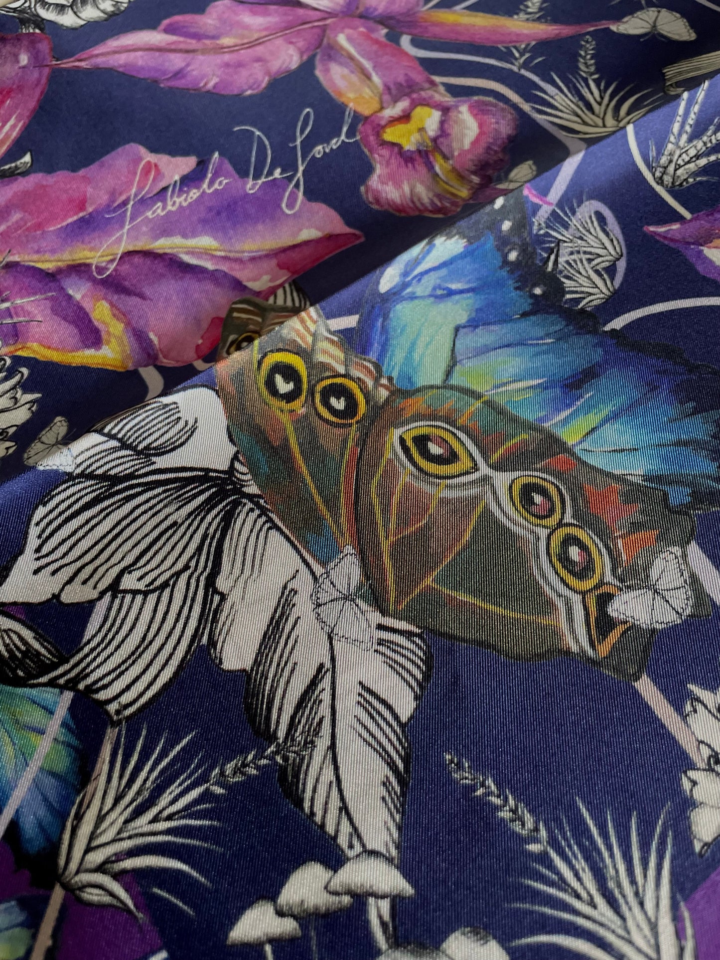 Women's silk scarf “Cloud Forest of Morphos and Orchids” large, from the Eco-banknotes collection