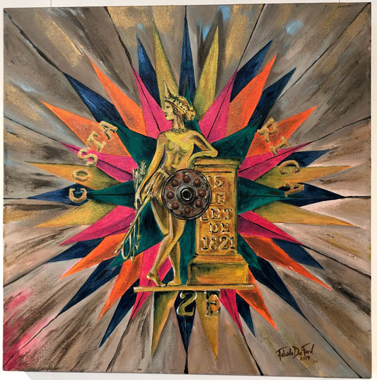 Fine art "Antique Oxcart Wheel", Fabiola De Ford, 2020, acrylic on canvas.