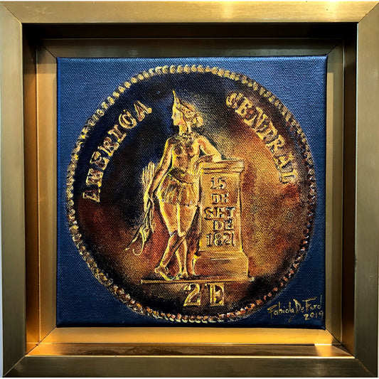 Fine art "Two Shields Coin", Fabiola De Ford, 2019, acrylic on canvas.