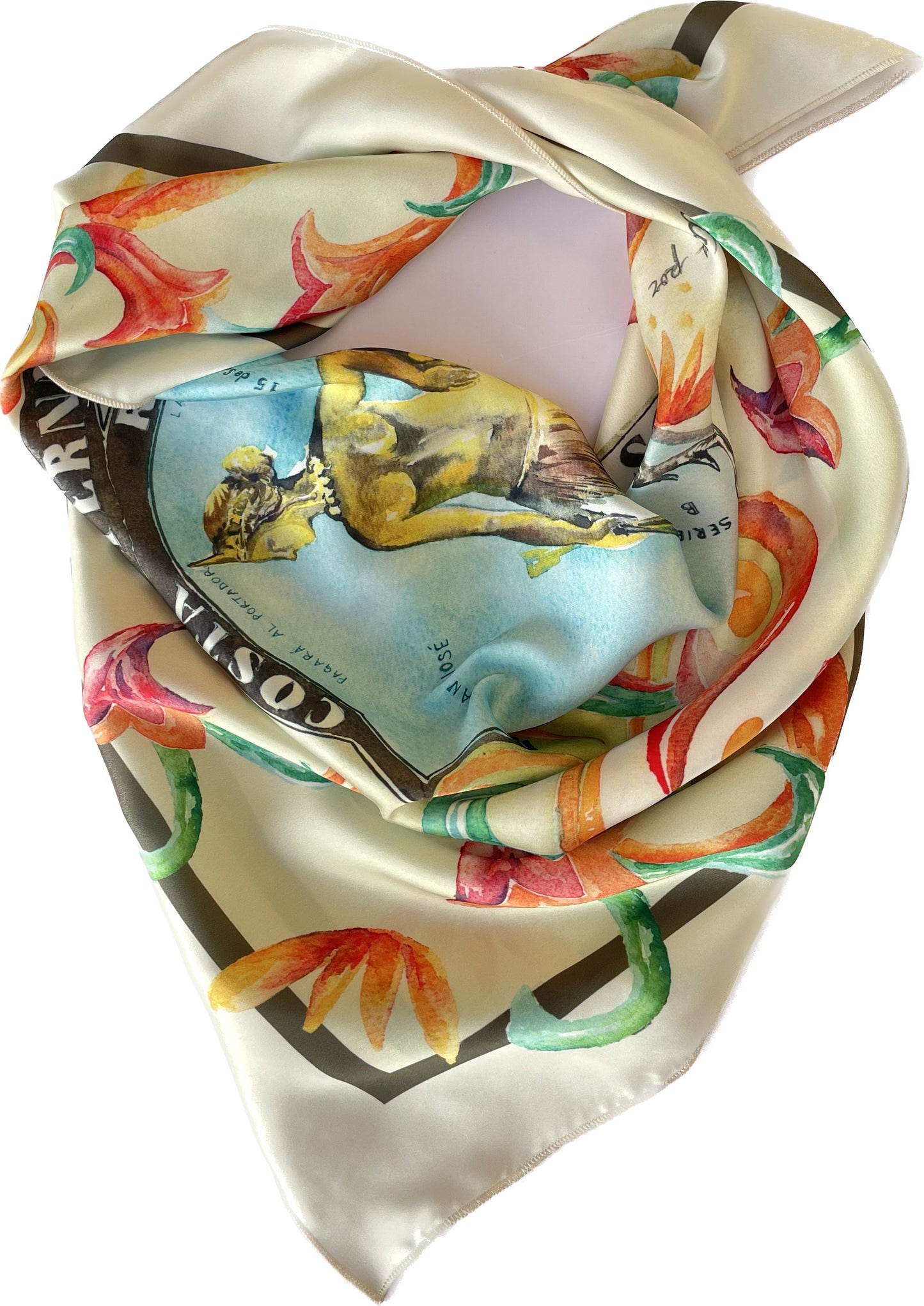 Cotton square neckerchief, scarf, Costa Rica Two Shield Banknote Design, lightweight, kerchief, Women's Fashion Gold Collection