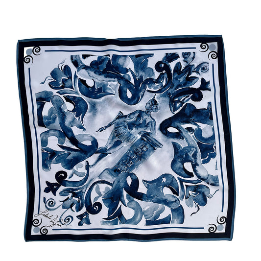Pañuelo de seda para mujer, "Oxcart Indigo Nuances", de la colección Golden Nuances.