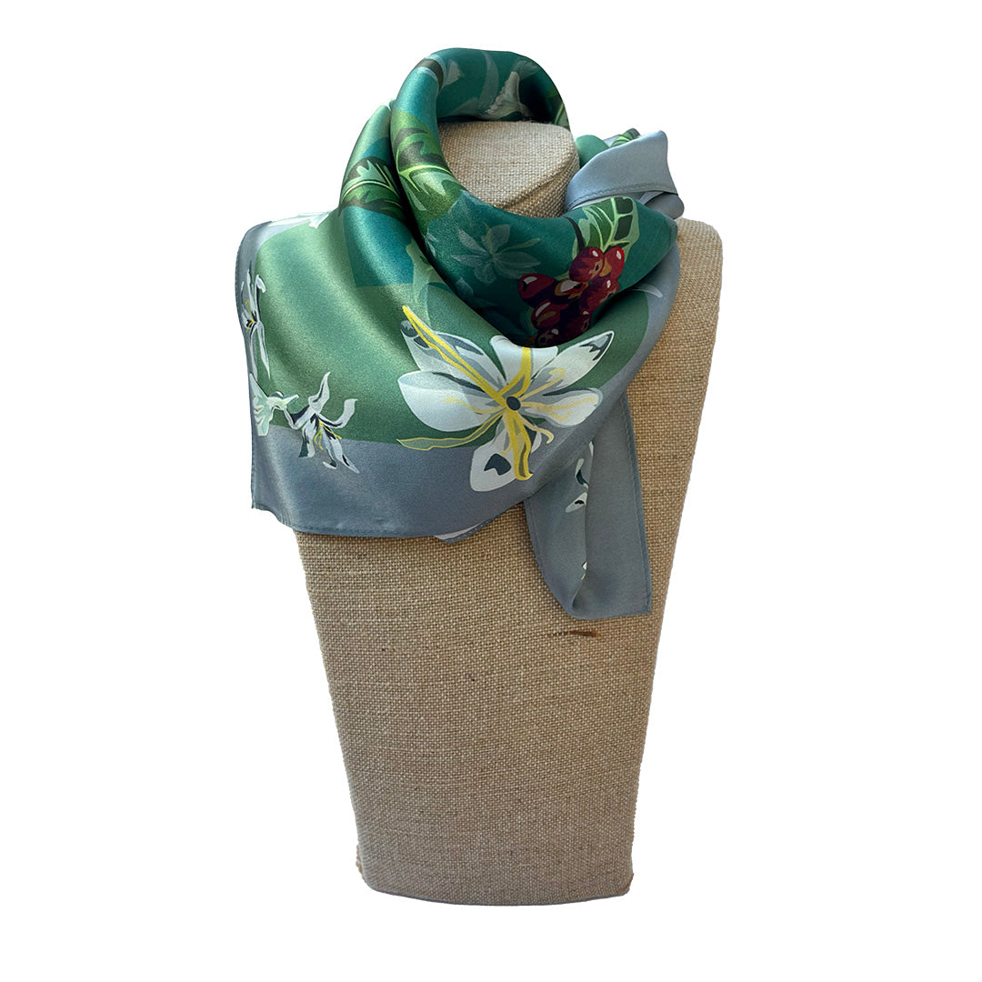 Women's silk scarf, "Blue Nuances Coffee Beans", from the Coffee Nuances Collection