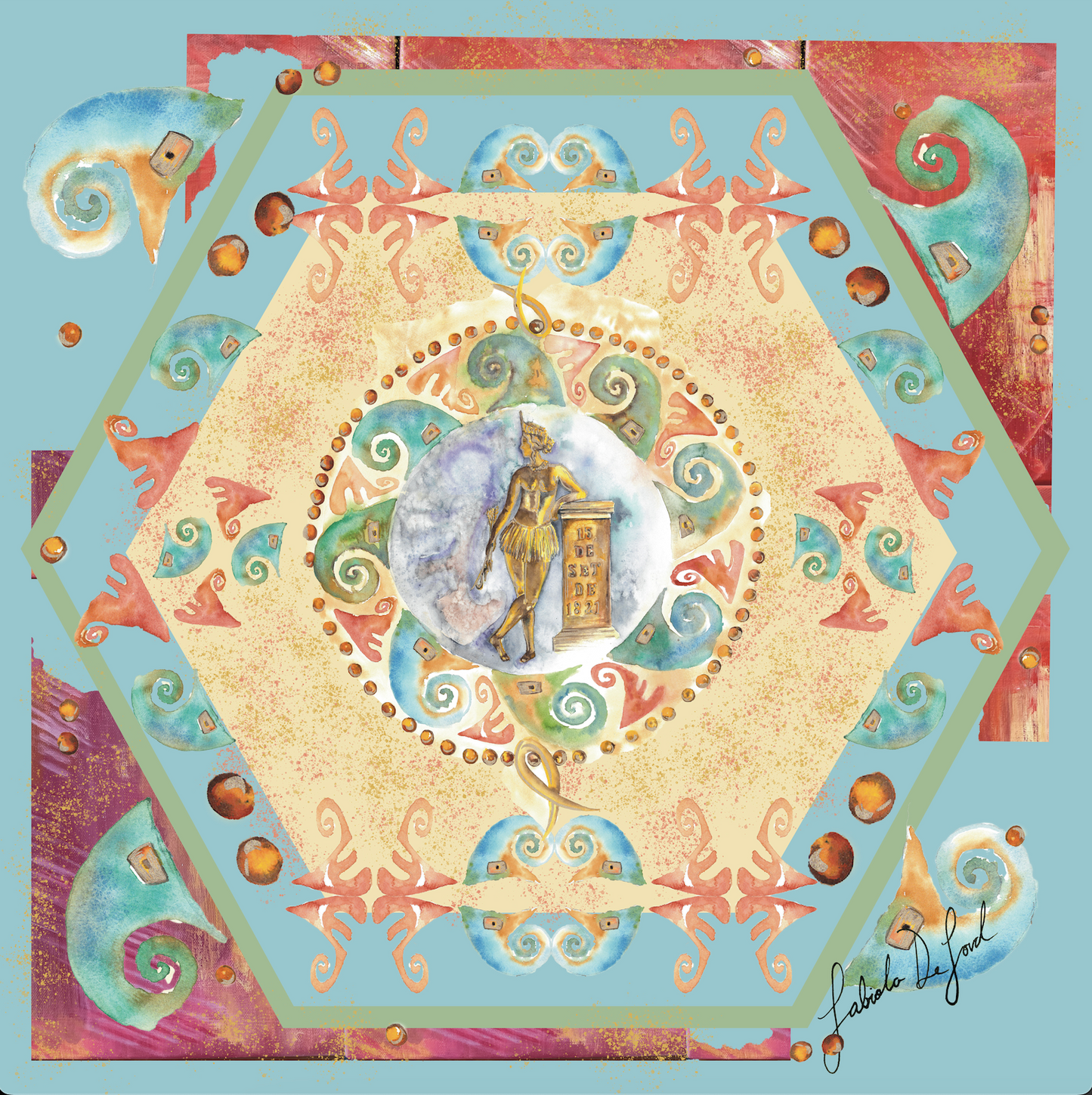 Women's silk scarf, "Chorotega Pottery Nuances", from the Golden Nuances collection