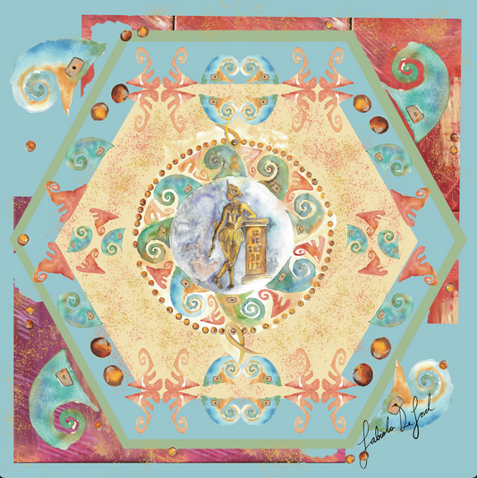 Pañuelo de seda diseño “Matices Chorotegas -regalos de lujo, accesorio atemporal, incentivos significativos corporativos. Arte y diseño de Fabiola De Ford - Colección Matices de Oro
